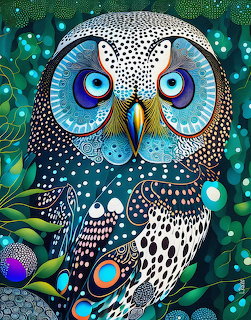 Colorful whimsical owl illustration with intricate patterns, blue eyes, and green foliage background