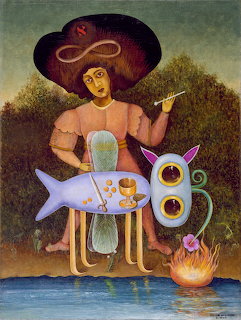 Surrealist painting of a figure with infinity hat, fish on table, and strange creature near water and fire