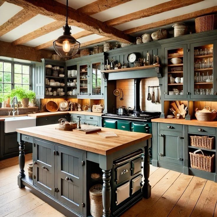 Rustic country kitchen with green cabinets, wooden island, exposed ceiling beams, and vintage stove