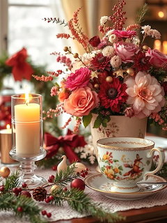 Festive table with colorful flower arrangement, lit candle, and ornate teacup with Christmas decorations