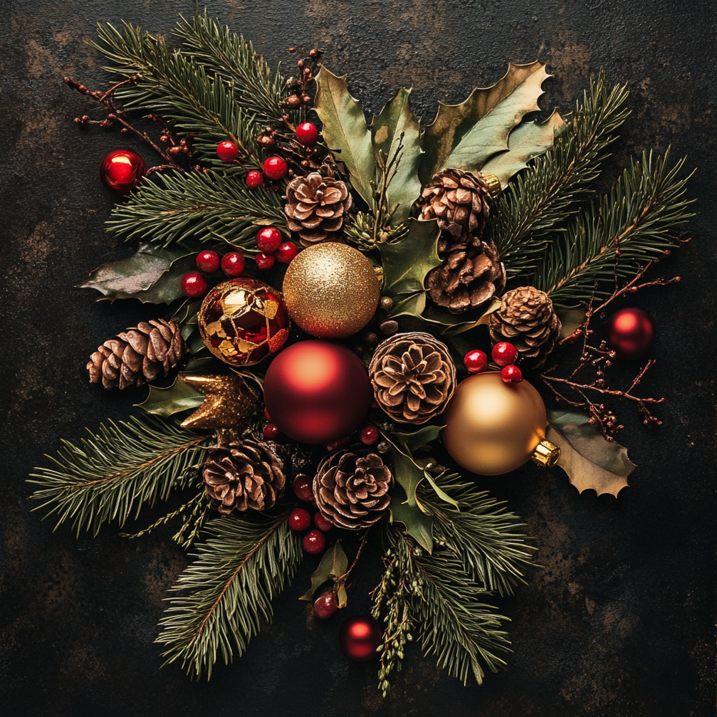 Christmas decoration wreath with gold and red ornaments, pine cones, evergreen branches on dark background
