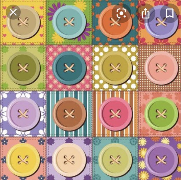 Grid of 16 multicolored buttons on patchwork fabric backgrounds with floral, striped, and polka dot patterns
