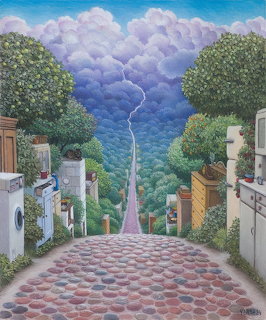 Surreal painting of a long cobblestone road between trees and household appliances under purple clouds