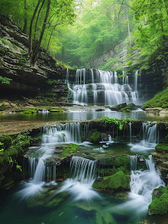 Multi-tiered waterfall cascading over mossy rocks in a lush green forest gorge