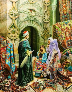Middle Eastern market stall with robed figures examining carpets and textiles in rich colors