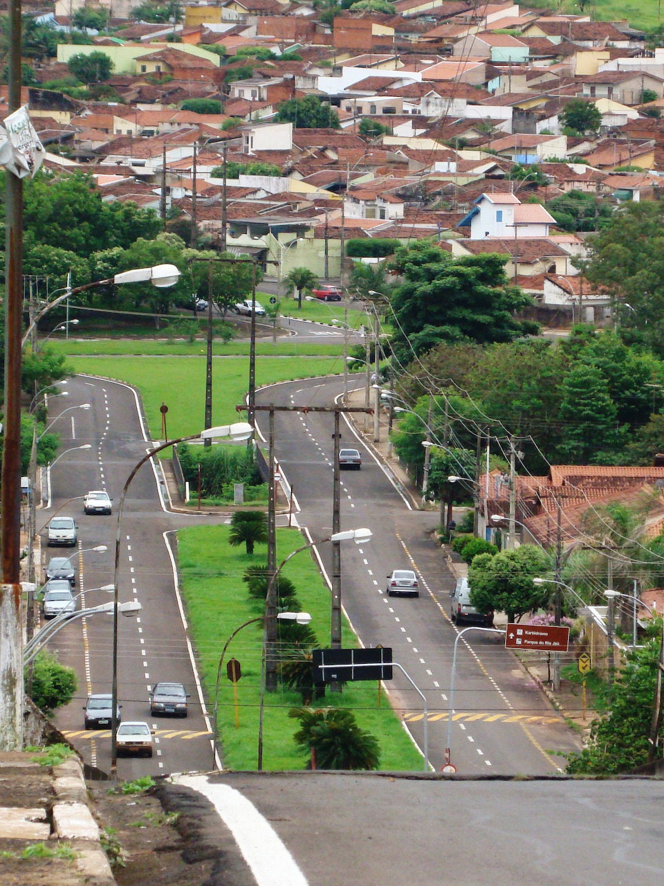 Aerial view of a wide tree-lined avenue with cars and residential buildings in a Brazilian city