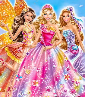 Three animated fairy princesses in colorful ball gowns with wings and flowers