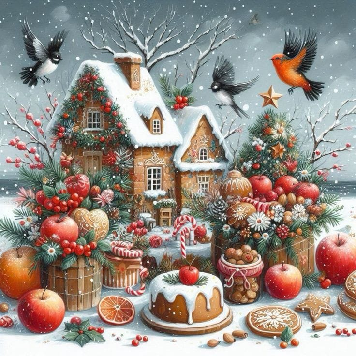 Snowy Christmas village with gingerbread houses, ornaments, cake, and birds flying over a festive holiday display