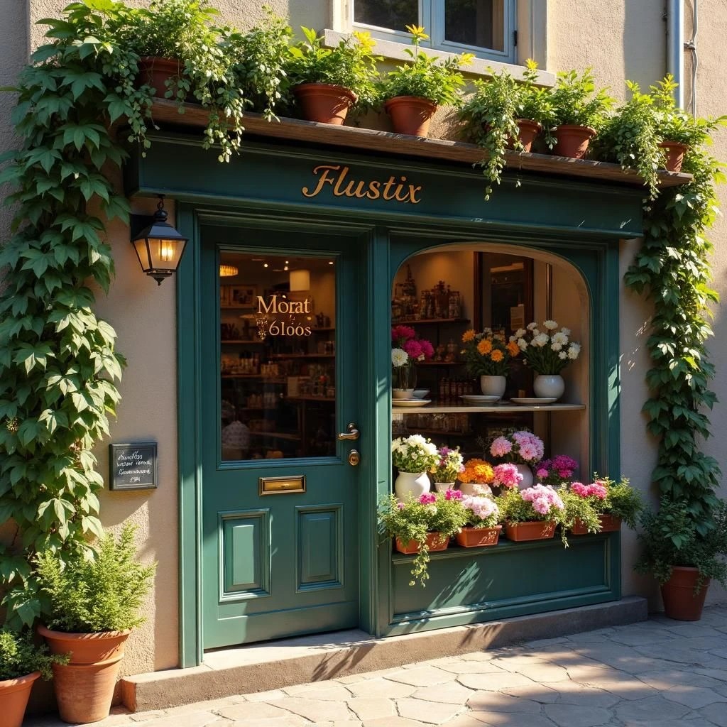 Green flower shop storefront with potted plants and colorful bouquets in the window