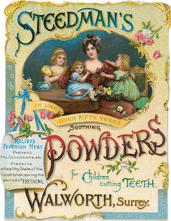 Vintage trade card advertisement for Steedman's Soothing Powders featuring mother and children with ornate floral design