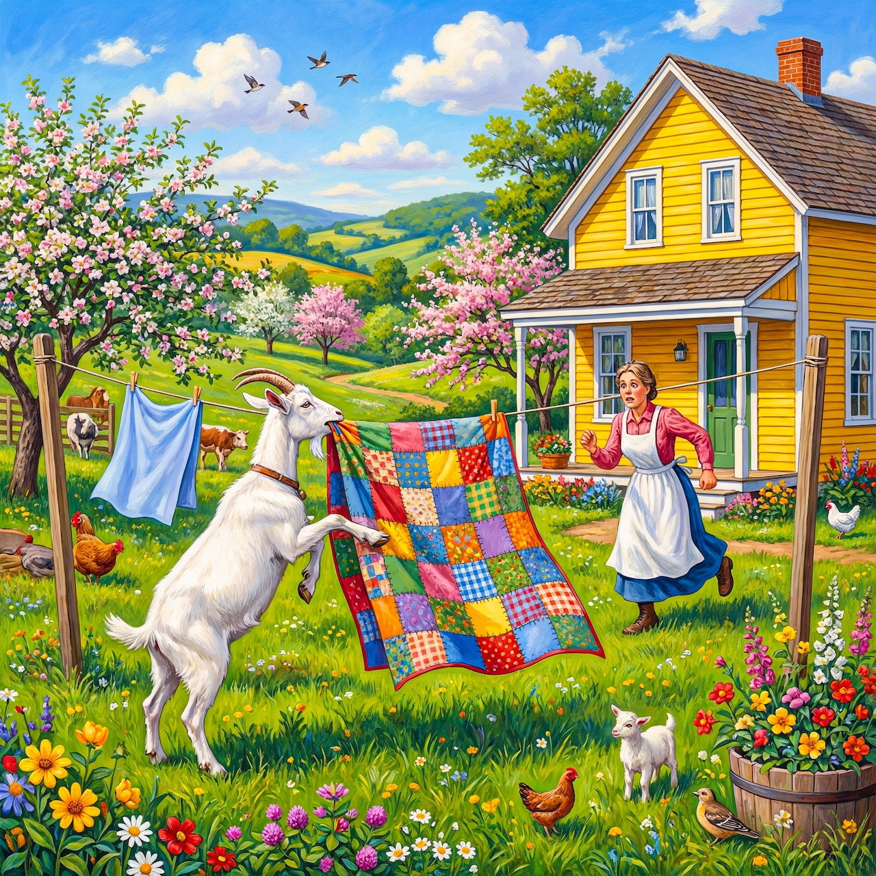 White goat pulling colorful quilt off clothesline near yellow farmhouse with woman in apron, flowers and rolling hills