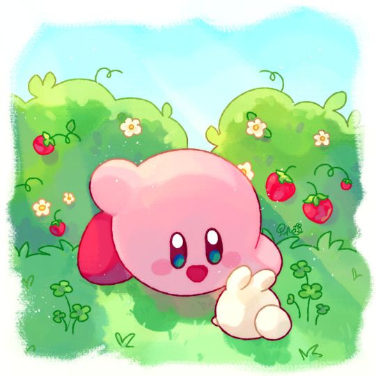 Pink Kirby sitting in a grassy garden with clover, flowers, and red fruit