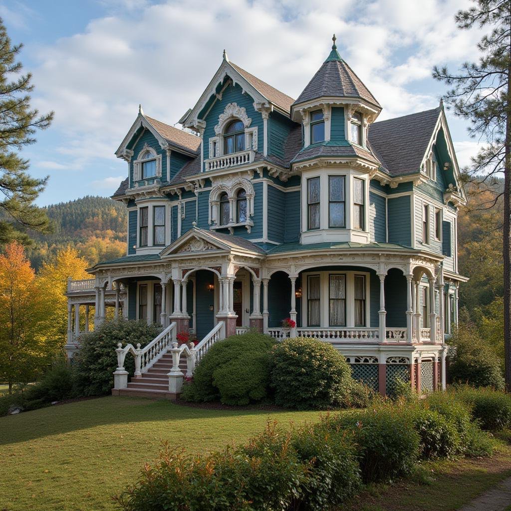 Ornate Victorian mansion with turrets and wraparound porch surrounded by trees and lawn