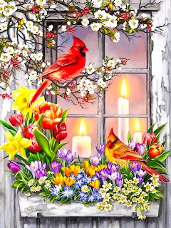 Painting of window with red cardinals, spring flowers, flowering branches, and candles