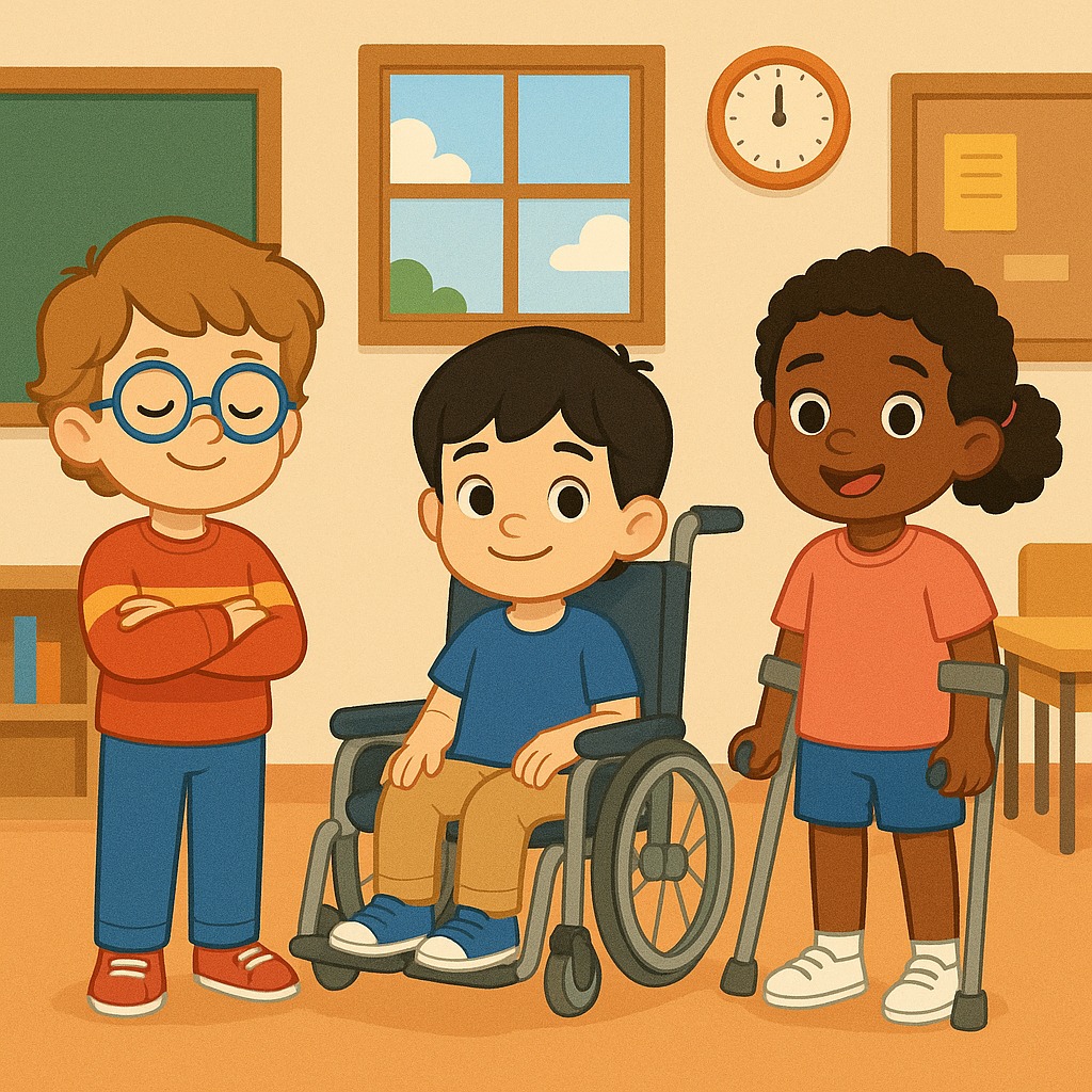 Cartoon children in a classroom, with one boy in a wheelchair and one girl using a crutch