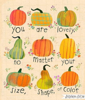 Colorful illustrated pumpkins of different shapes and sizes with inspirational text and small flowers