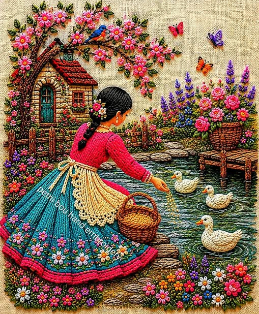 Embroidery of a girl in teal and red dress feeding white ducks near a pond with flowers and a cottage