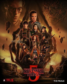 Stranger Things 5 poster with the main cast in a dark, fiery composition
