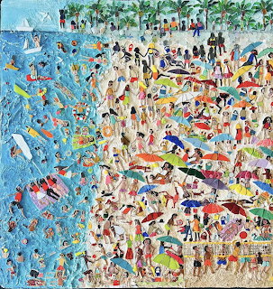 Vibrant painting of crowded beach with many people, umbrellas, and palm trees along blue ocean
