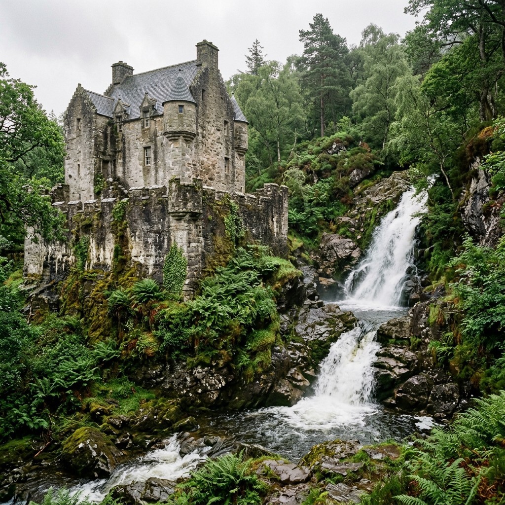 Stone castle beside a forest waterfall with mossy rocks and a stream