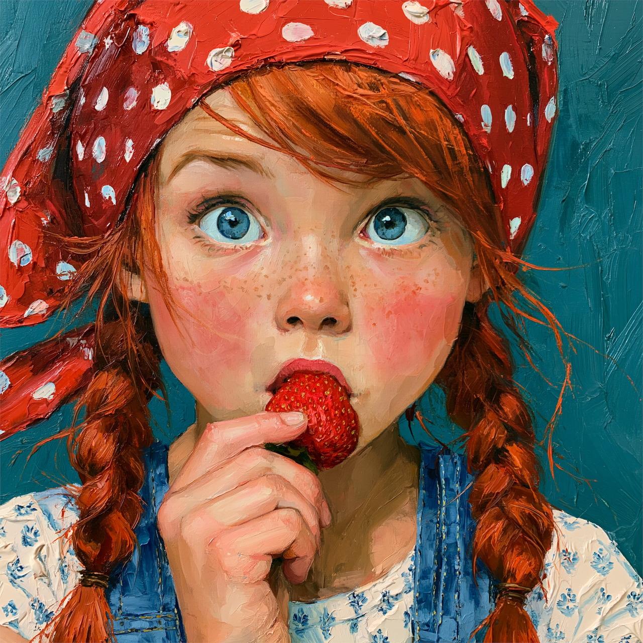 Illustrated girl with red braids in polka dot headscarf eating strawberry