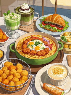 Illustrated breakfast spread with eggs, croissant, drinks, and pastries on a sunlit table