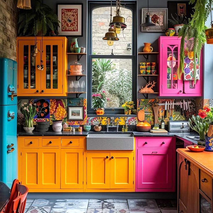 Colorful kitchen with yellow and pink cabinets, patterned floor tiles, hanging plants, and eclectic wall decorations
