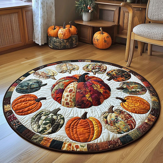 Round quilted mat with pumpkins and fall leaves on wood floor, autumn home décor with real pumpkins in background