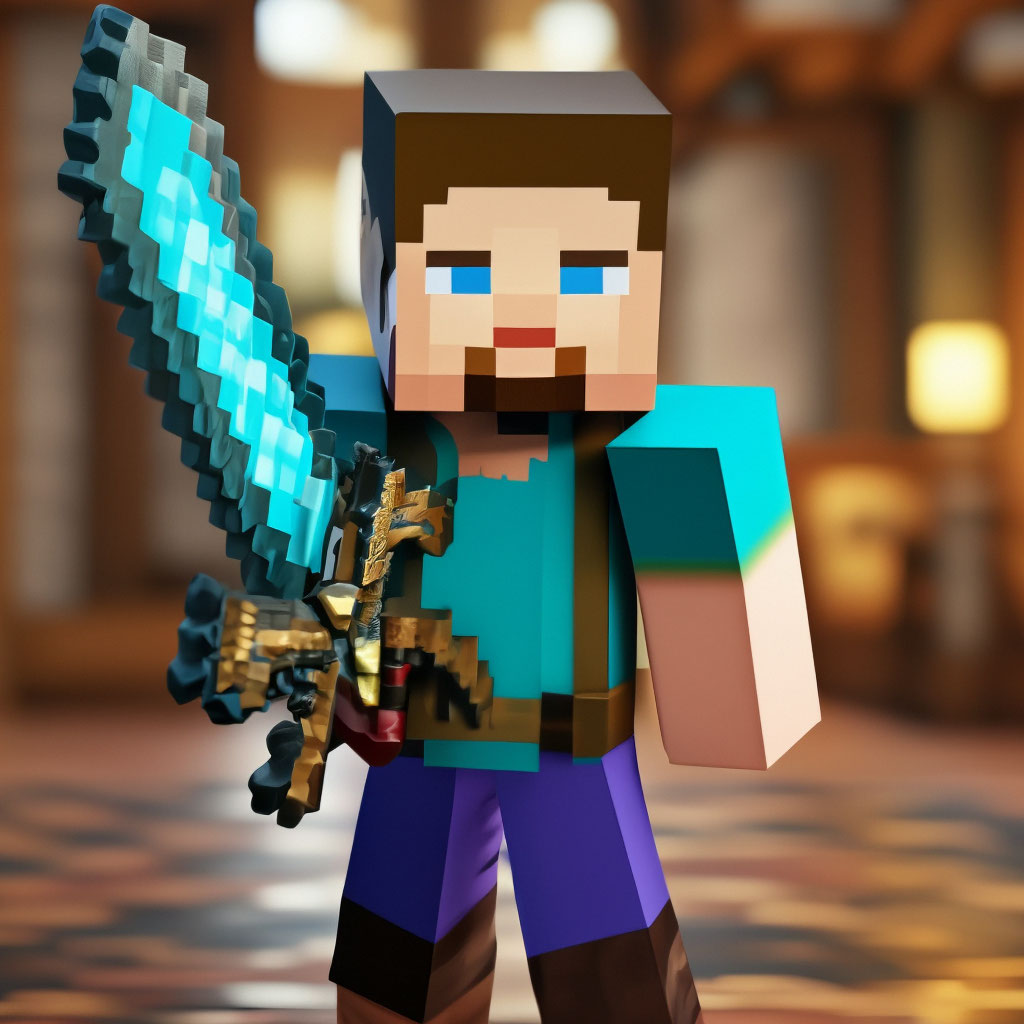 Blocky male character holding a blue pixelated sword in a blurred indoor setting