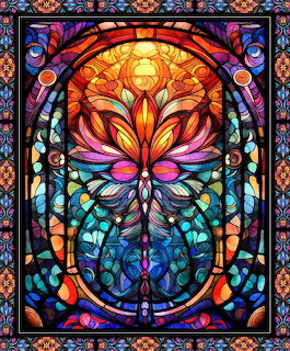 Colorful stained glass window with butterfly and floral motifs in vibrant blues, purples, oranges, and pinks