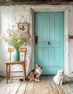 Two cats on wooden porch with turquoise door and flower vase on chair