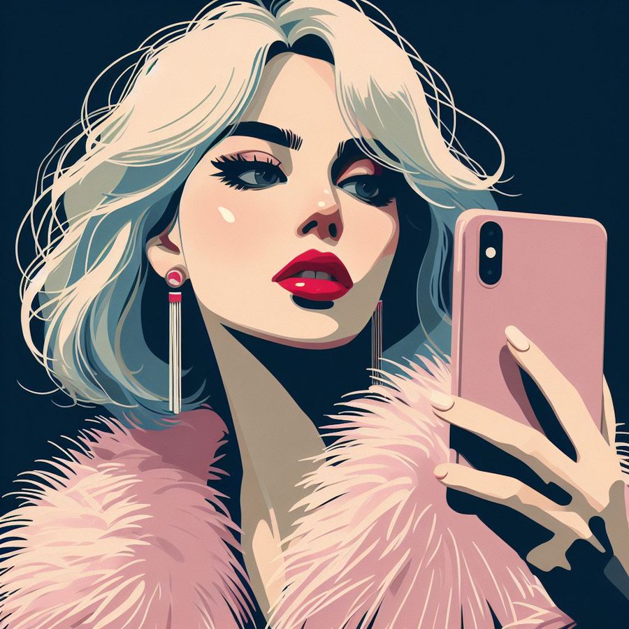 Illustrated woman with blonde hair and red lipstick in pink fur coat taking selfie
