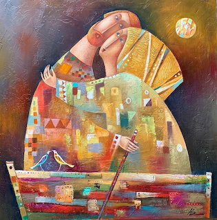Abstract painting of an embracing couple behind a colorful bench