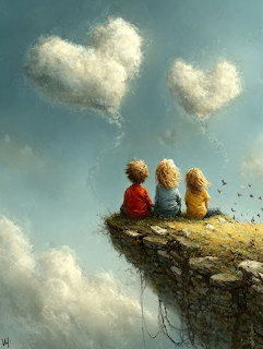Painting of three children sitting on a cliff watching heart-shaped clouds in the sky