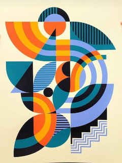 Abstract geometric bird made of colorful circles, stripes and shapes in orange, blue, yellow and black