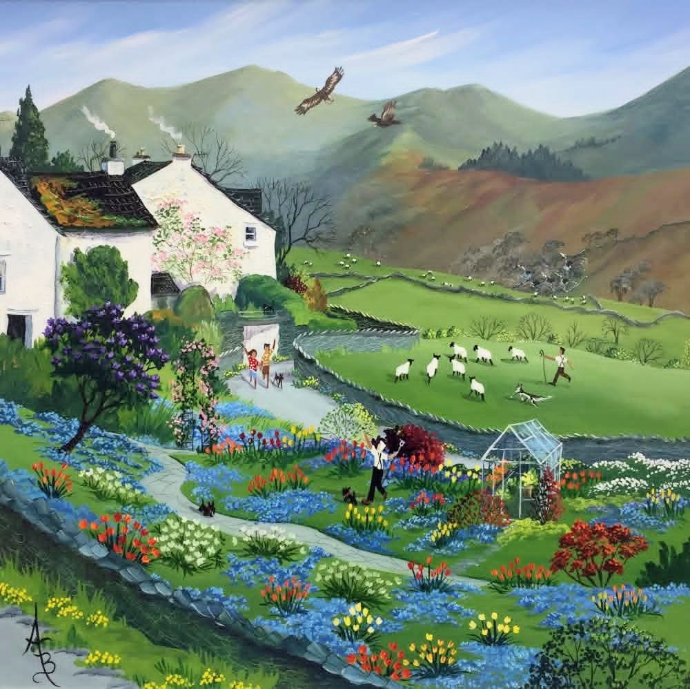 Painting of a white cottage and colorful flower garden in a green countryside with sheep and hills