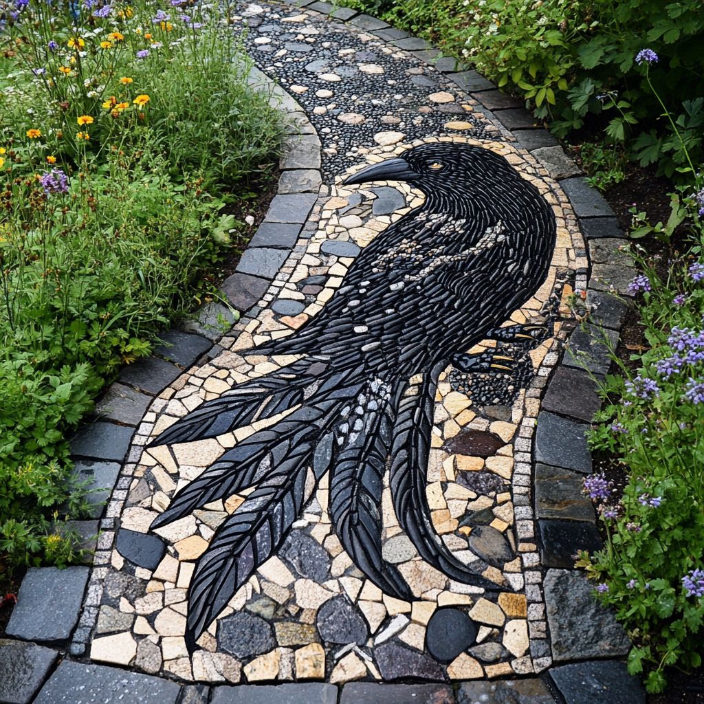 Stone mosaic garden path with black crow design surrounded by plants