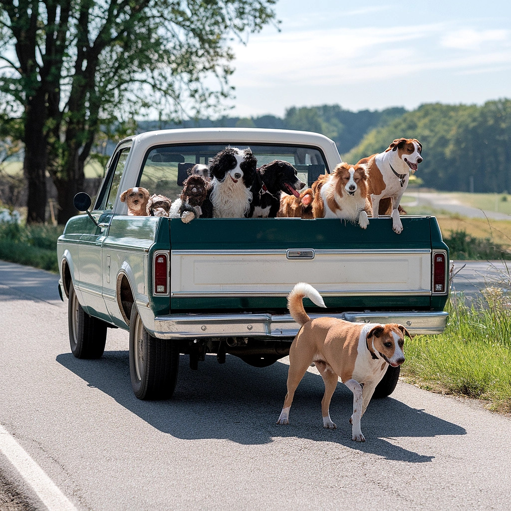 Several dogs in back of vintage pickup truck on country road with one dog standing behind on asphalt