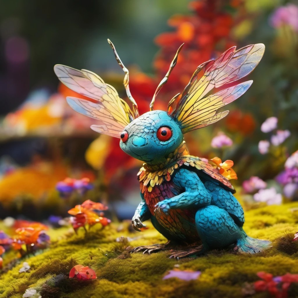 Fantasy creature figurine with rainbow wings and blue body amid colorful flowers