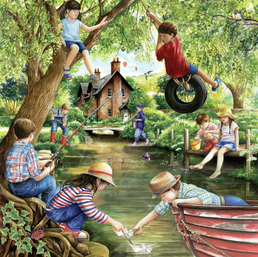 Children playing outdoors by a creek with tire swing, boat, and cottage in background