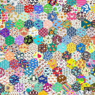 Colorful patchwork collage of many patterned pieces in assorted prints and bright colors