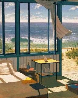 Painting of a beach house interior with large windows showing ocean waves and sandy beach outside
