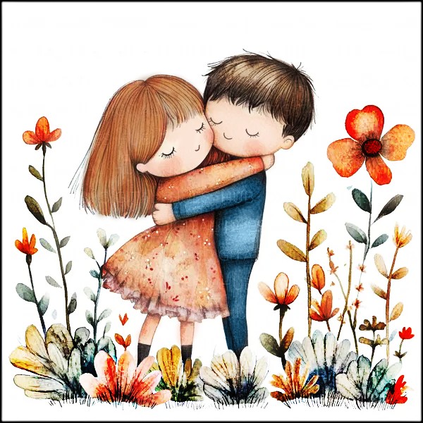 Watercolor illustration of a boy and girl hugging surrounded by colorful flowers