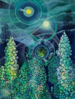 Naive art painting of a snowy forest at night with glowing trees and moon in blue and teal