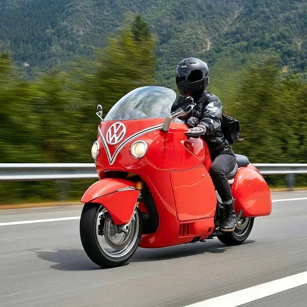 Motorcyclist in black gear riding a bright red VW motorcycle on a mountain road