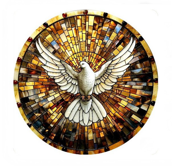 Circular stained glass window with a white dove and spread wings in radiant amber glass