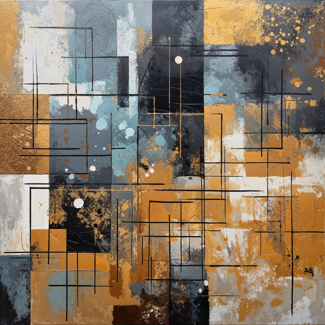 Abstract geometric grid painting with blue, orange, and gold squares overlaid with black lines and white circular accents