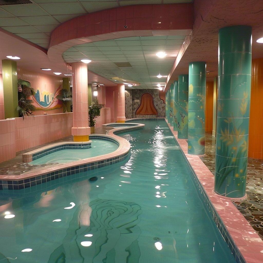 Indoor pool hallway with turquoise water, pink tiles, and green columns under soft lighting