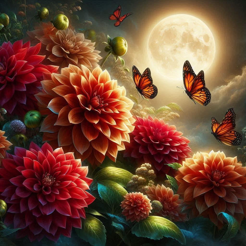 Dahlias and Butterflies at Moonlight