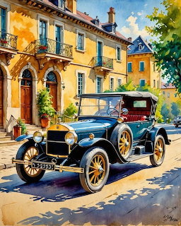 Watercolor painting of a black vintage car with gold wheels parked outside a sunny European building